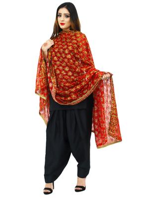 red chiffon phulkari dupatta - 17679876 - Standard Image - 2
