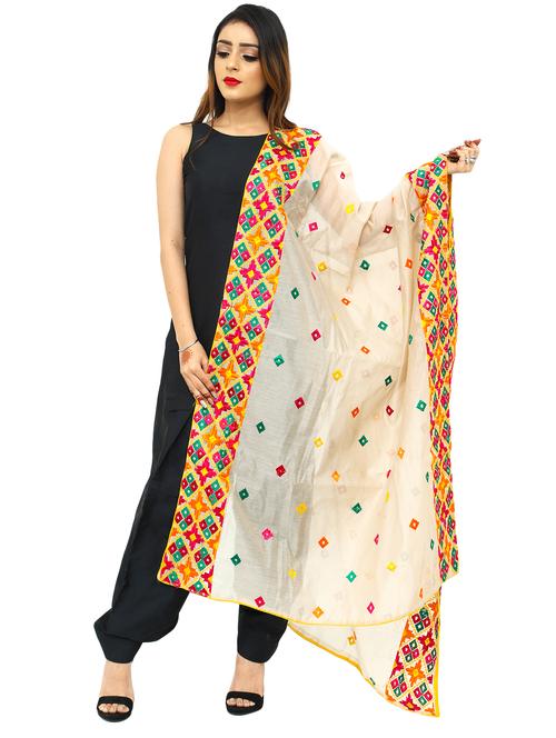 beige chanderi phulkari dupatta - 17679885 - Standard Image - 1