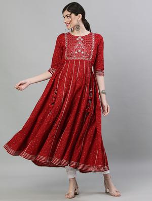 maroon cotton anarkali kurta - 17679984 - Standard Image - 2