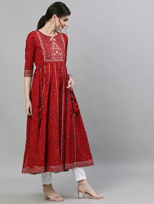 maroon cotton anarkali kurta - 17679984 - Standard Image - 3