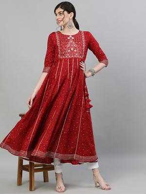 maroon cotton anarkali kurta - 17679984 - Standard Image - 5