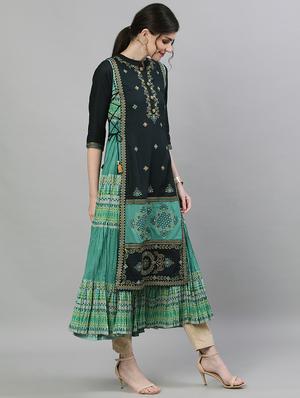 green rayon anarkali kurta - 17679987 - Standard Image - 2