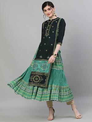 green rayon anarkali kurta - 17679987 - Standard Image - 3