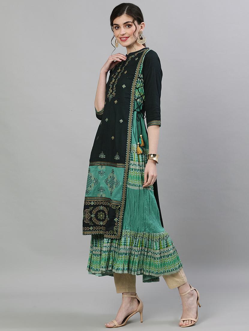 green rayon anarkali kurta - 17679987 - Zoom Image - 1