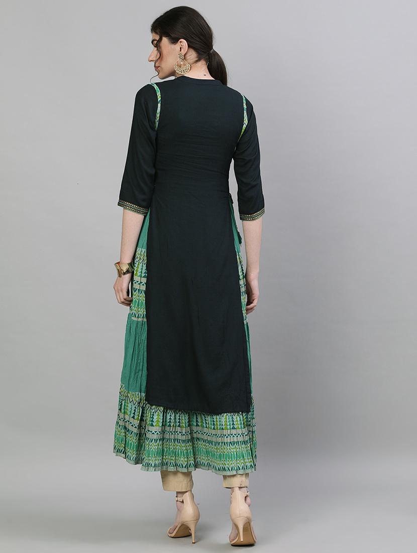 green rayon anarkali kurta - 17679987 - Zoom Image - 4