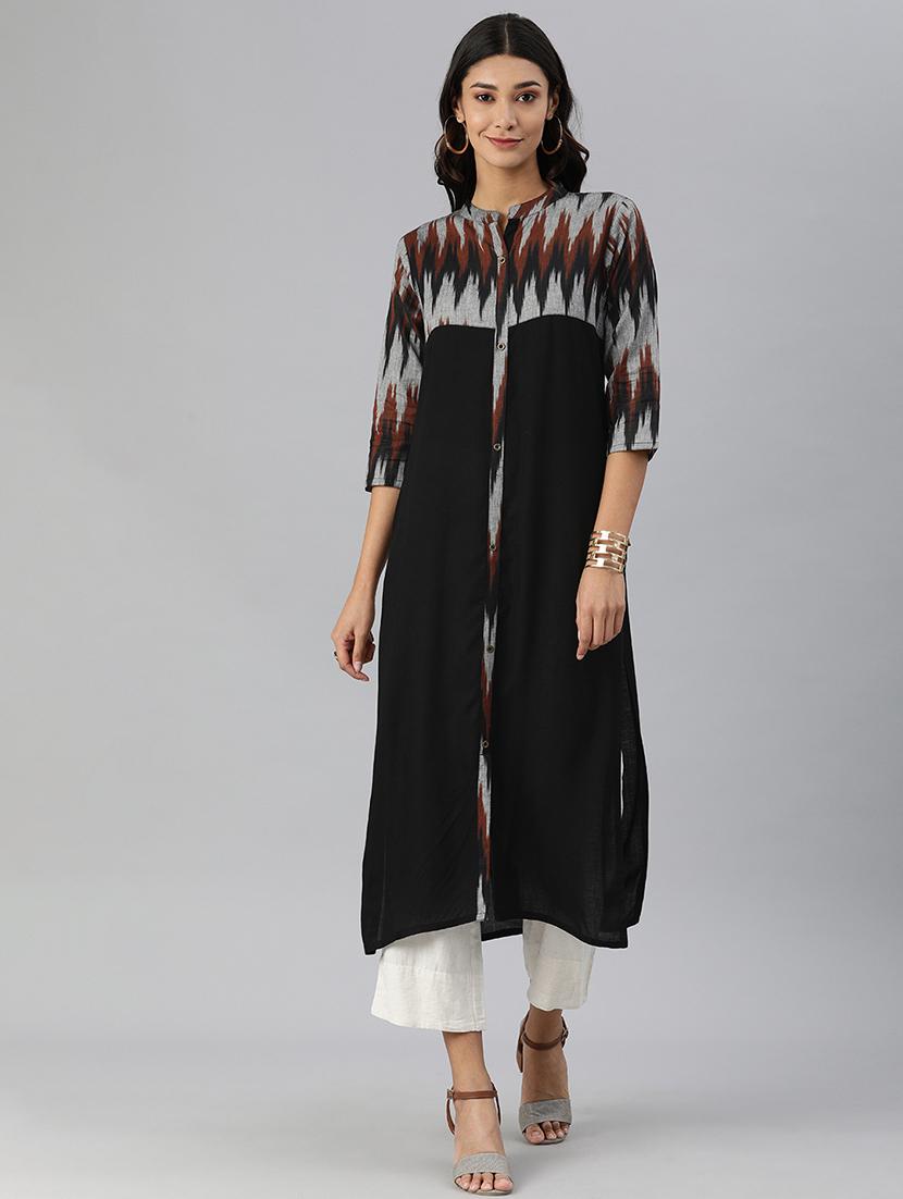 black viscose straight kurta - 17680017 - Zoom Image - 1