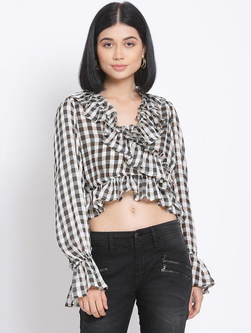 bell sleeved checkered crop top - 17680097 -  Standard Image - 0