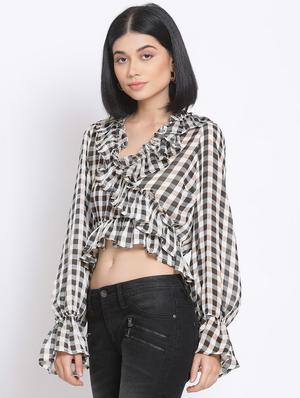 bell sleeved checkered crop top - 17680097 -  Standard Image - 1