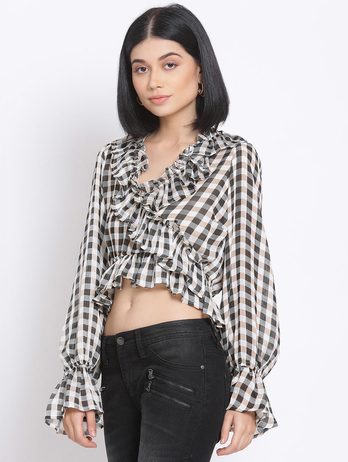 bell sleeved checkered crop top - 17680097 - Zoom Image - 2