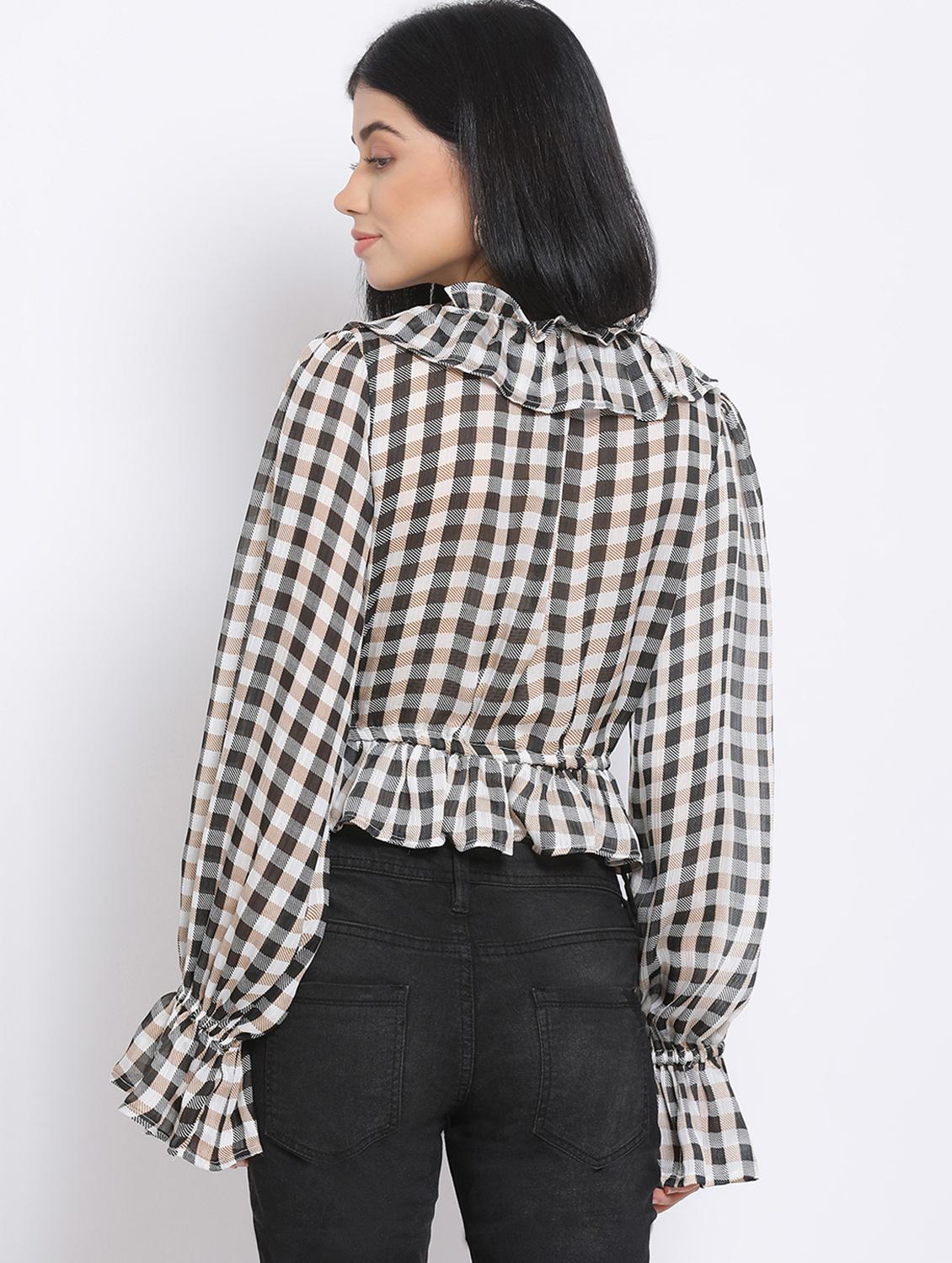 bell sleeved checkered crop top - 17680097 - Zoom Image - 3