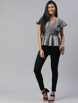 tie front solid peplum top - 17685055 - Standard Image - 4