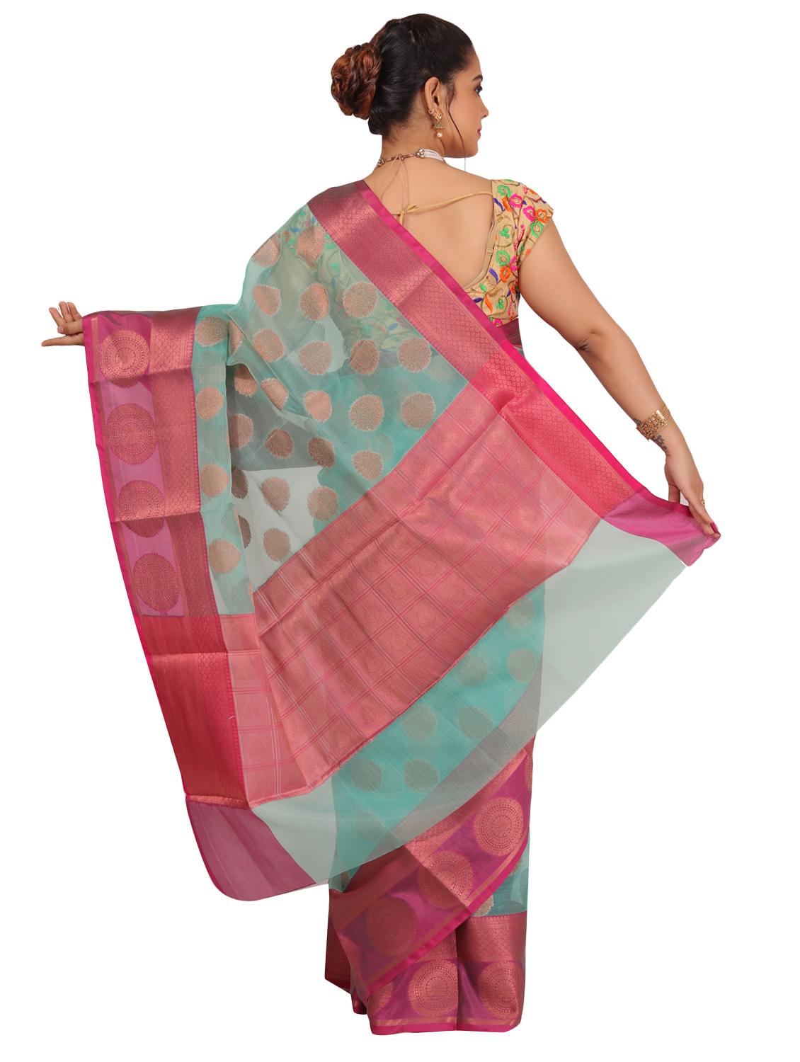 turquoise silk banarasi saree with blouse - 17687438 - Zoom Image - 2