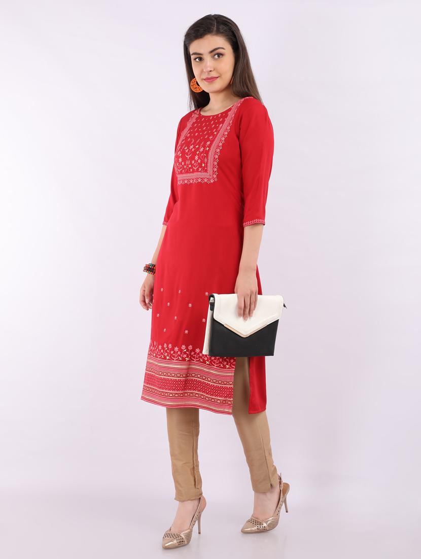 red rayon straight kurta - 17687968 - Zoom Image - 2