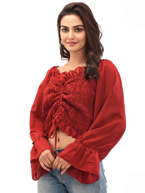bell sleeved ruched crop top - 17689085 - Standard Image - 1
