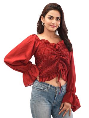 bell sleeved ruched crop top - 17689085 - Standard Image - 2