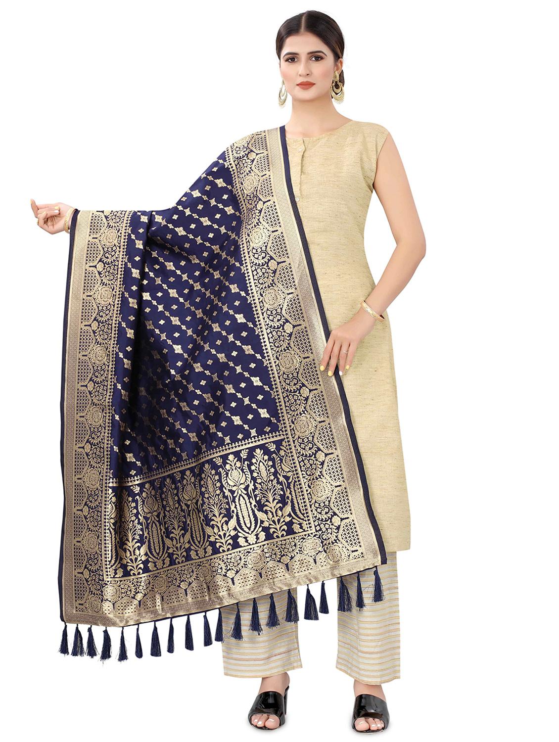 navy silk banarasi dupatta - 17690774 - Zoom Image - 1
