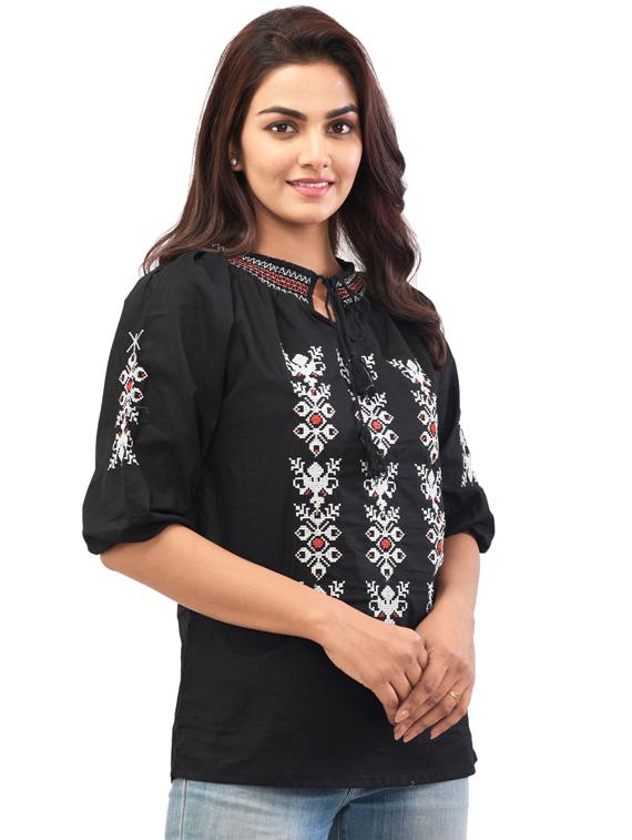 tie up neck embroidered top - 17691033 - Zoom Image - 1