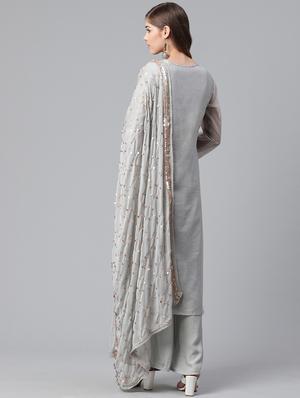 grey chanderi kurta palazzo set - 17691046 - Standard Image - 2