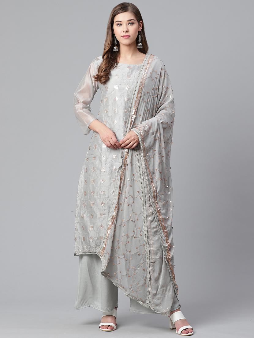 grey chanderi kurta palazzo set - 17691046 - Zoom Image - 1
