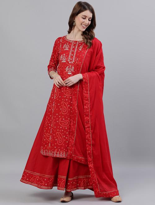 red cotton kurta sharara set - 17691055 - Standard Image - 1