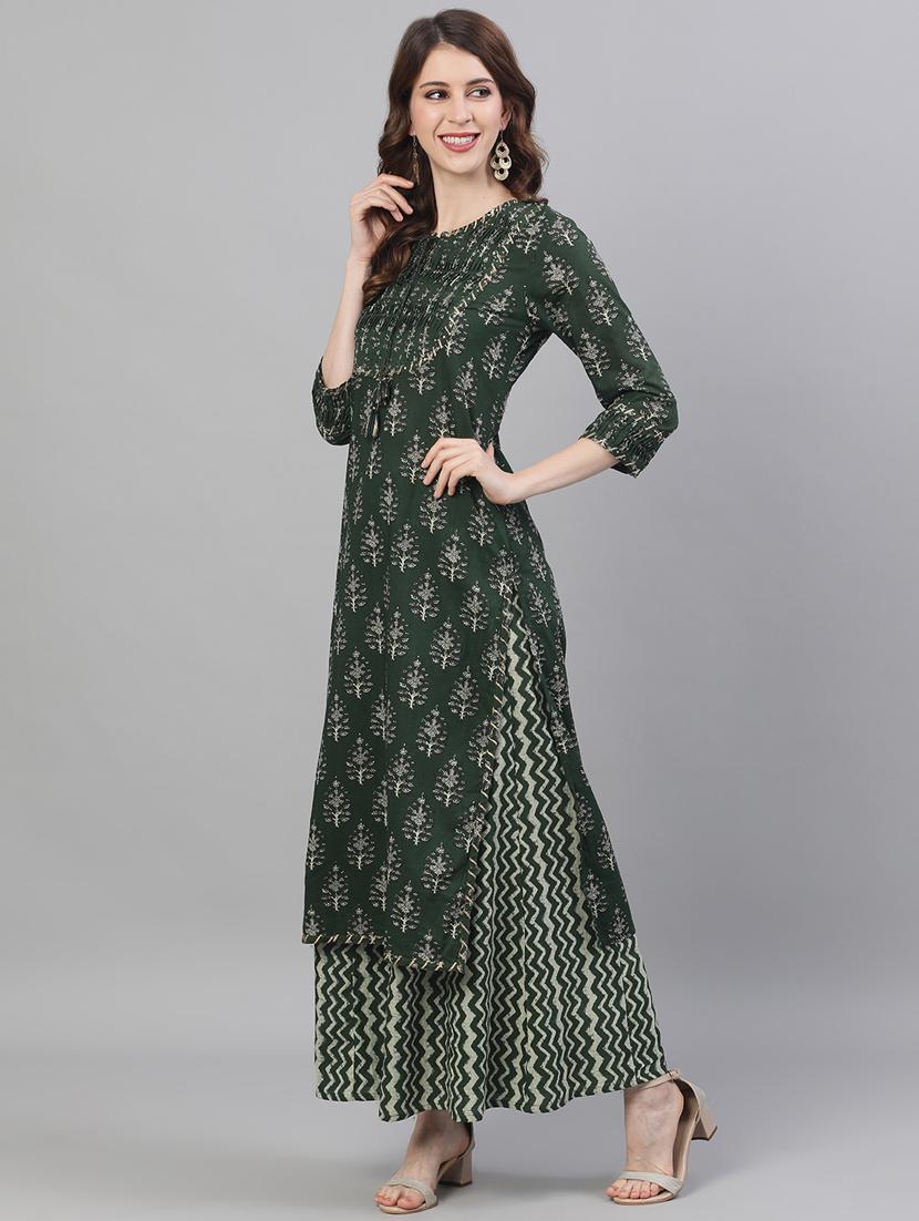 green cotton kurta palazzo set - 17691060 - Zoom Image - 2