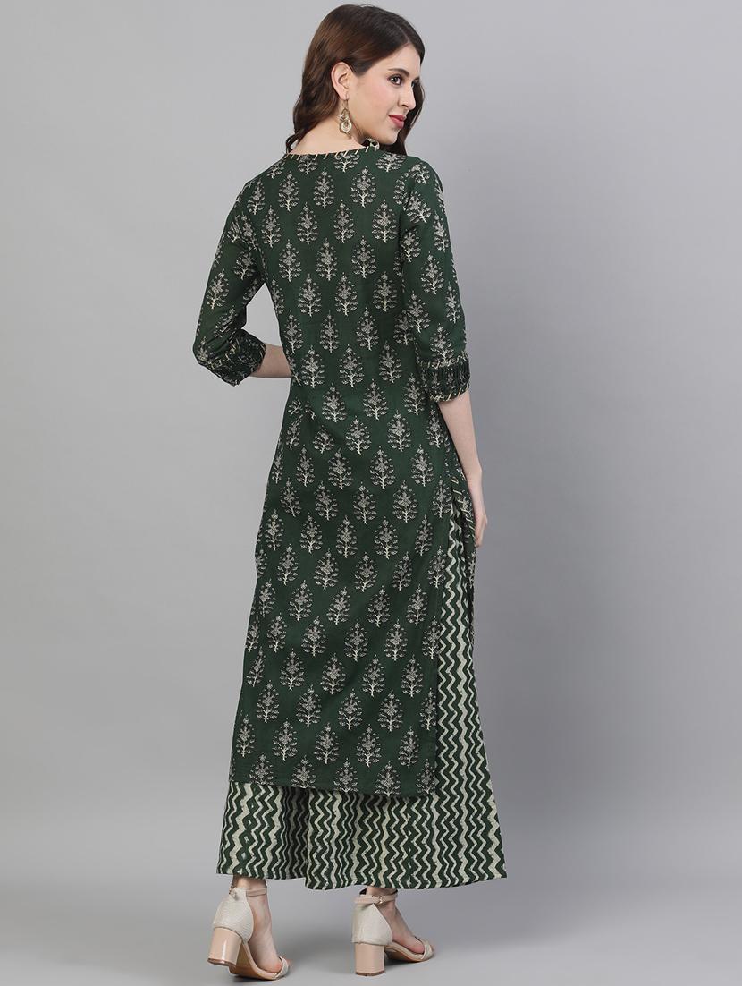 green cotton kurta palazzo set - 17691060 - Zoom Image - 3