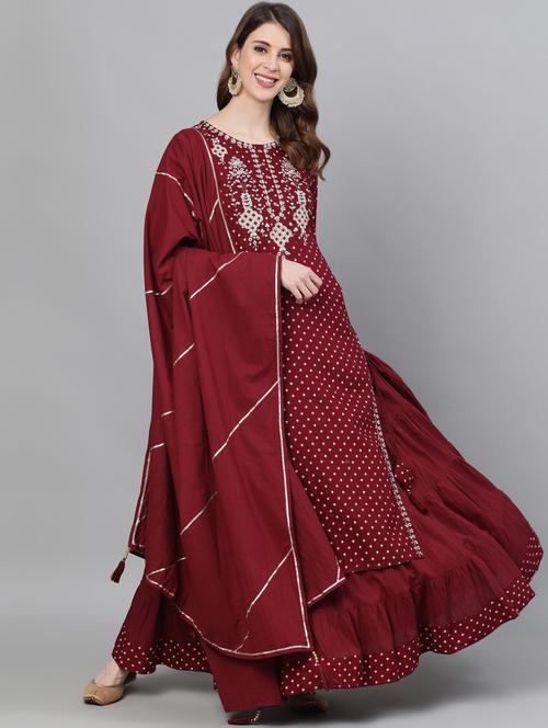 red rayon kurta skirt set - 17691149 - Standard Image - 1