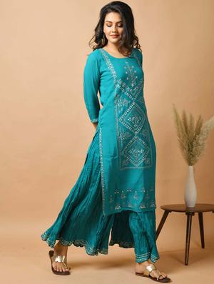 teal silk kurta sharara set - 17691709 - Standard Image - 2