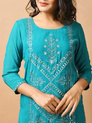teal silk kurta sharara set - 17691709 - Standard Image - 4