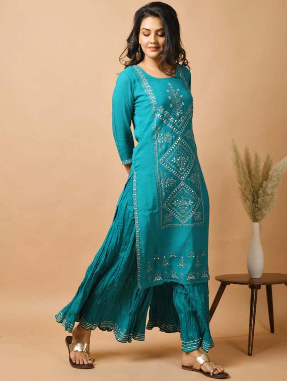 teal silk kurta sharara set - 17691709 - Zoom Image - 2