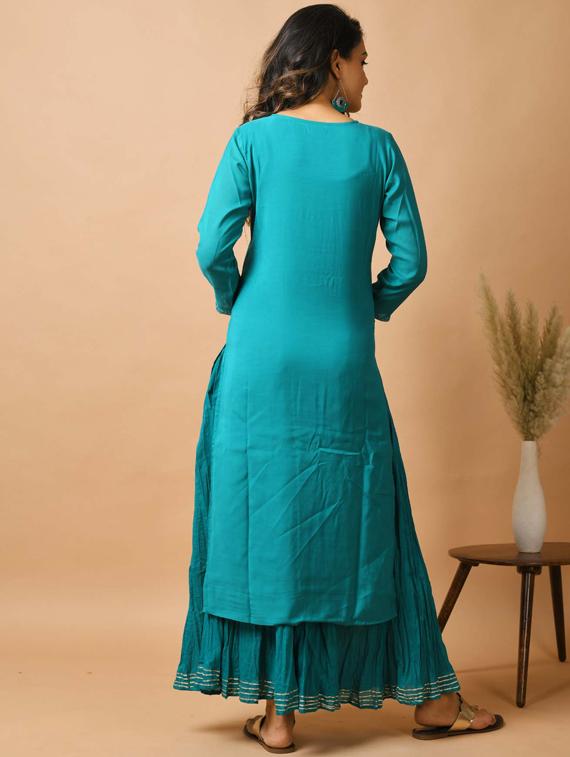 teal silk kurta sharara set - 17691709 - Zoom Image - 3