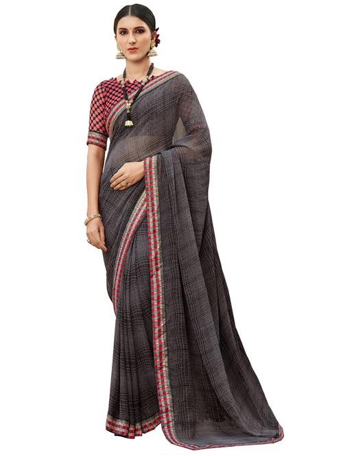 check printed saree with blouse - 17691919 - Very Small Image - 1
