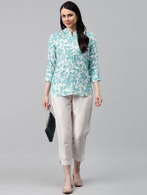 mandarin neck printed top - 17692519 - Standard Image - 4