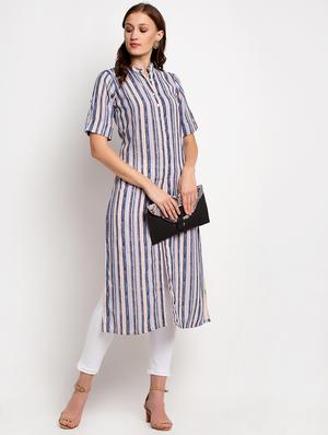 multi colored linen straight kurta - 17692839 - Standard Image - 4