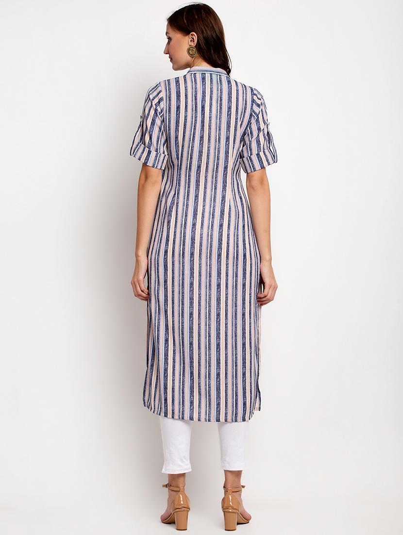 multi colored linen straight kurta - 17692839 - Zoom Image - 3