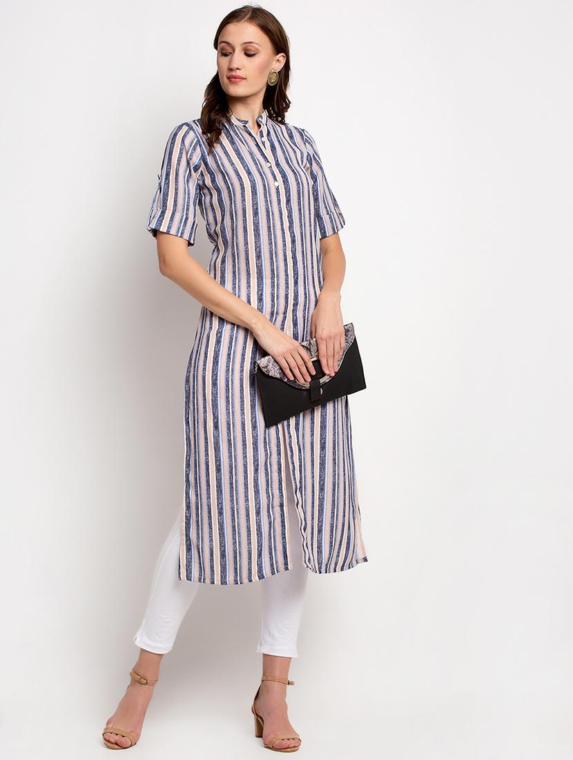 multi colored linen straight kurta - 17692839 - Zoom Image - 4
