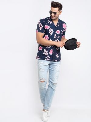 navy blue floral casual shirt - 17692900 - Standard Image - 4