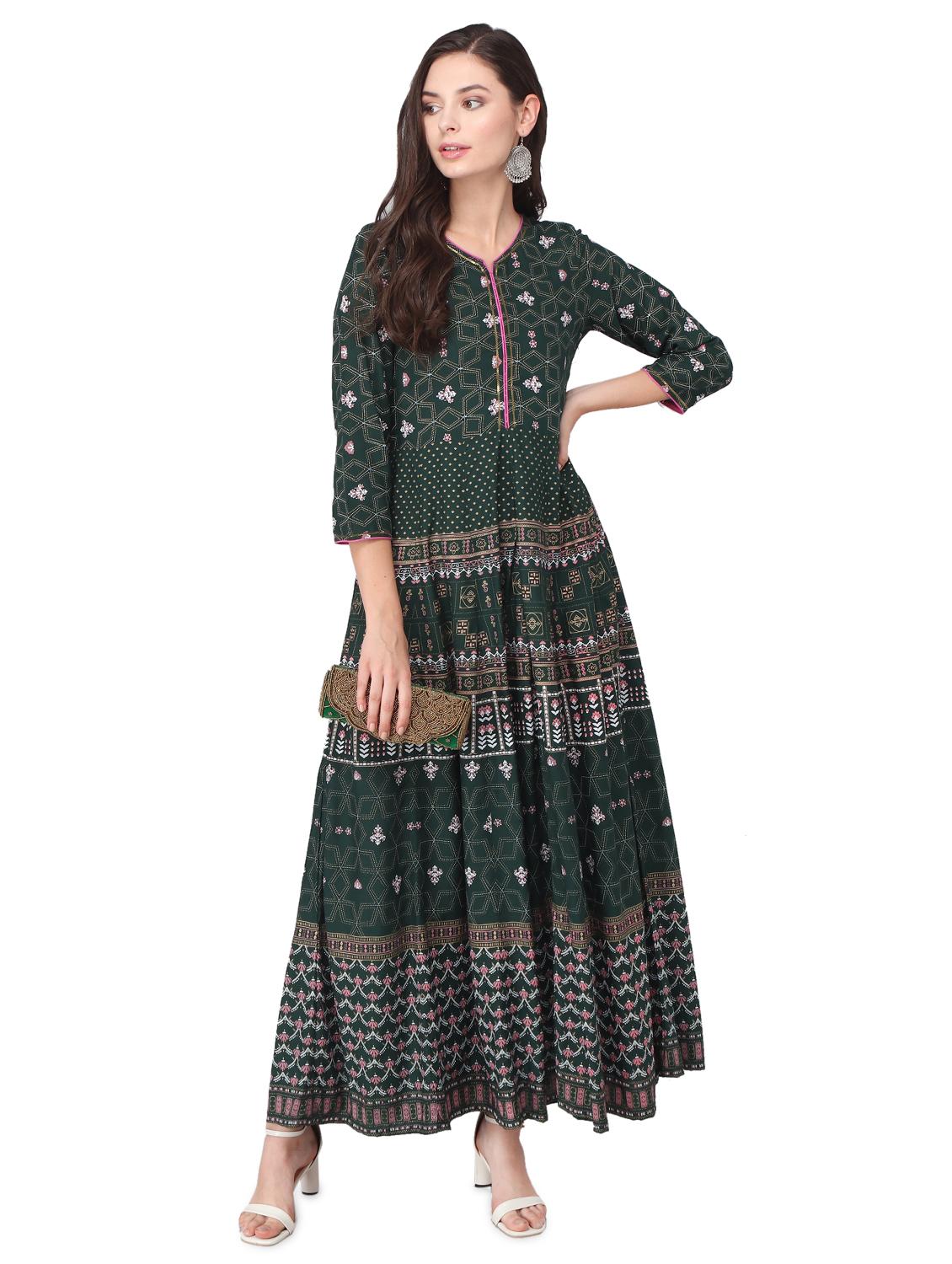green rayon anarkali kurta - 17692945 - Zoom Image - 1