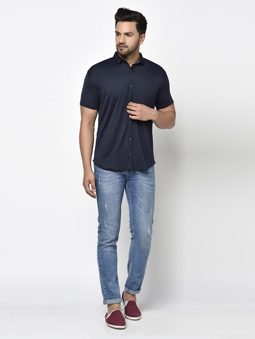 navy blue solid casual shirt - 17693732 - Zoom Image - 4
