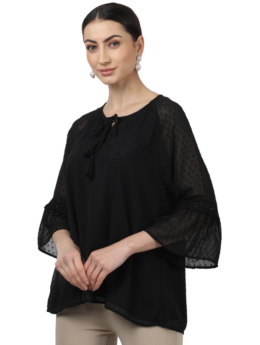 tie up neck bell sleeved top - 17694446 - Zoom Image - 2
