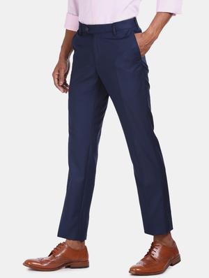 blue solid flat front formal trouser - 17694639 - Standard Image - 3