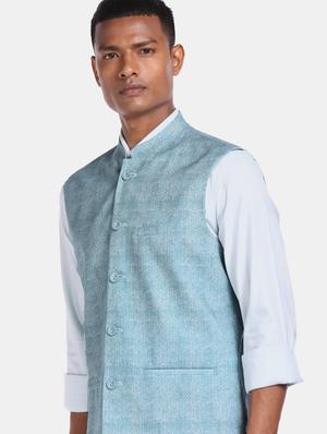blue solid nehru jacket - 17694745 - Standard Image - 3