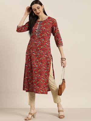 maroon cotton straight kurta - 17694814 - Standard Image - 4