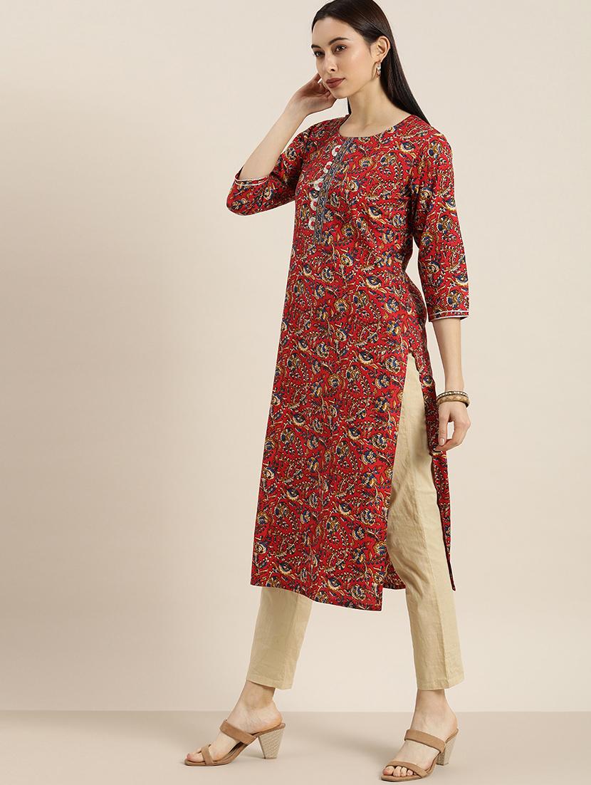 maroon cotton straight kurta - 17694814 - Zoom Image - 2
