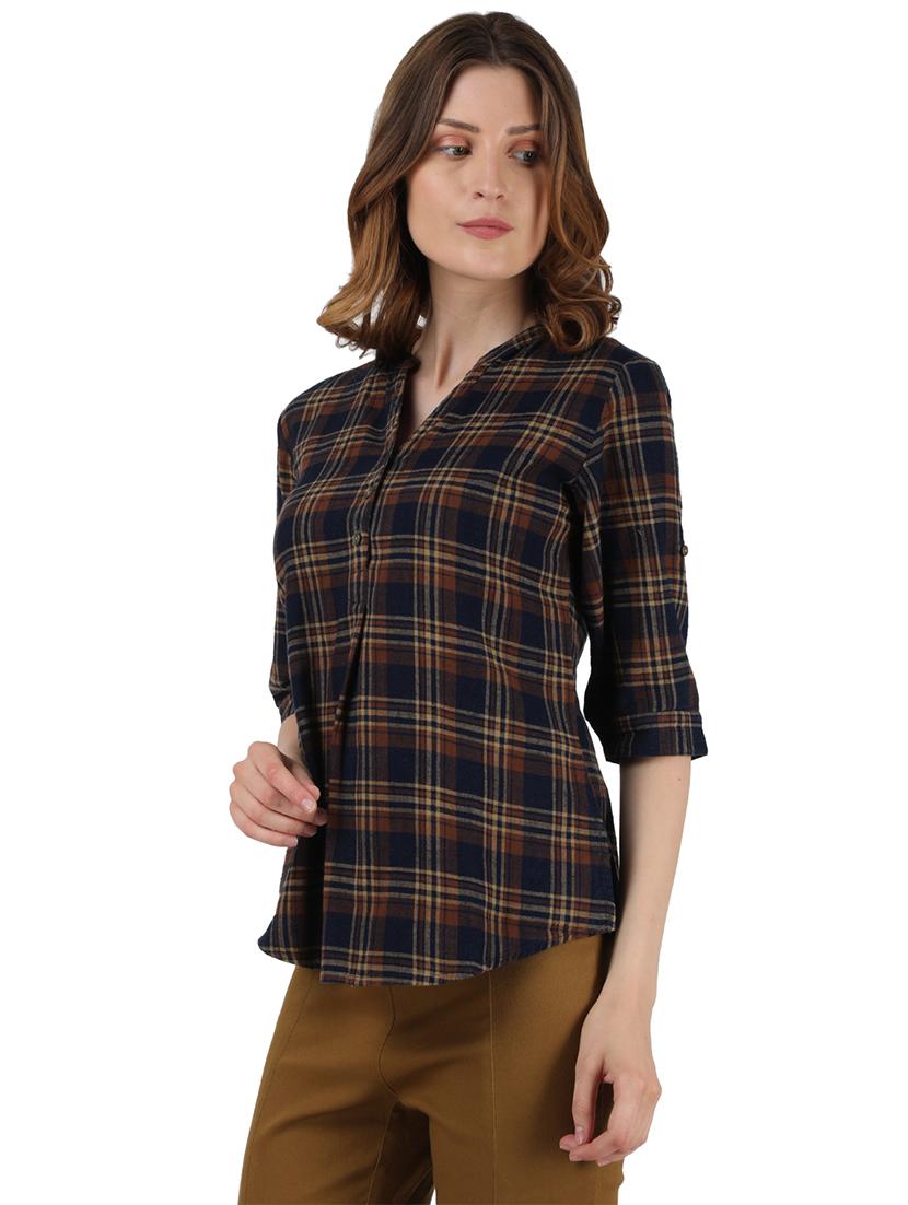 mandarin neck checkered top - 17695117 - Zoom Image - 2