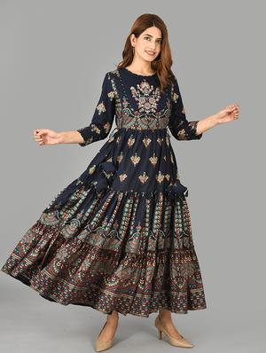 blue cotton fit & flare gown - 17695153 - Standard Image - 2
