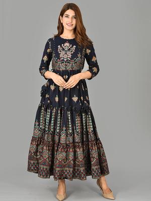 blue cotton fit & flare gown - 17695153 - Standard Image - 3
