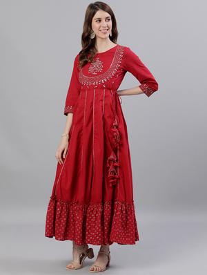 red rayon anarkali kurta - 17695362 - Standard Image - 2