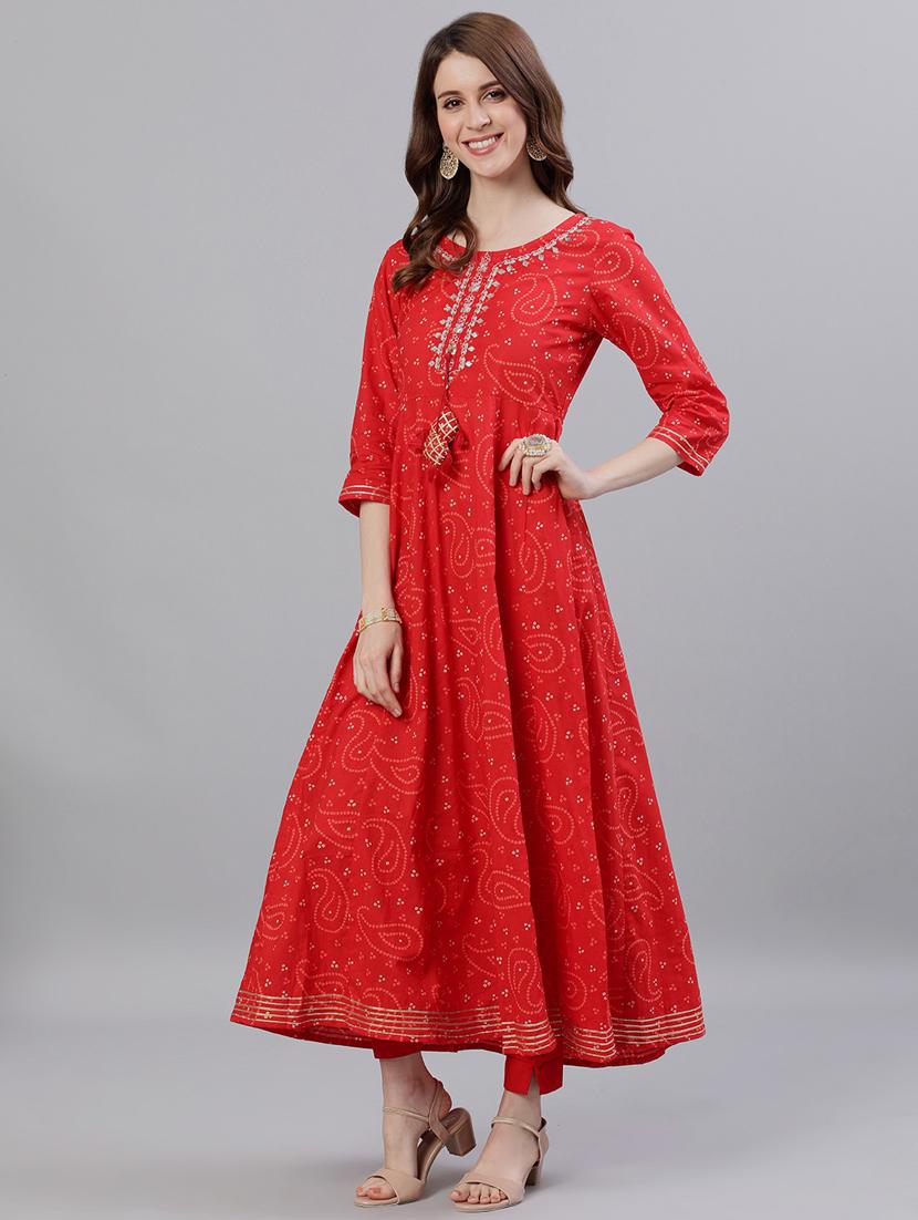 red cotton anarkali kurta - 17695363 - Zoom Image - 2