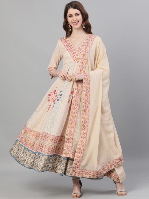 beige cotton anarkali kurta - 17695374 - Standard Image - 1